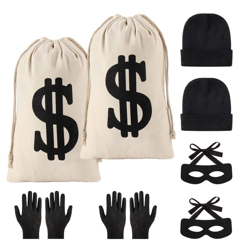YAROMO 8 Pieces Robber Costume Set, Include Canvas Dollar Sign Money Bags Bandit Eye Mask Knit Beanie Cap for Halloween Cosplay Burglar Theme Party - Image 1